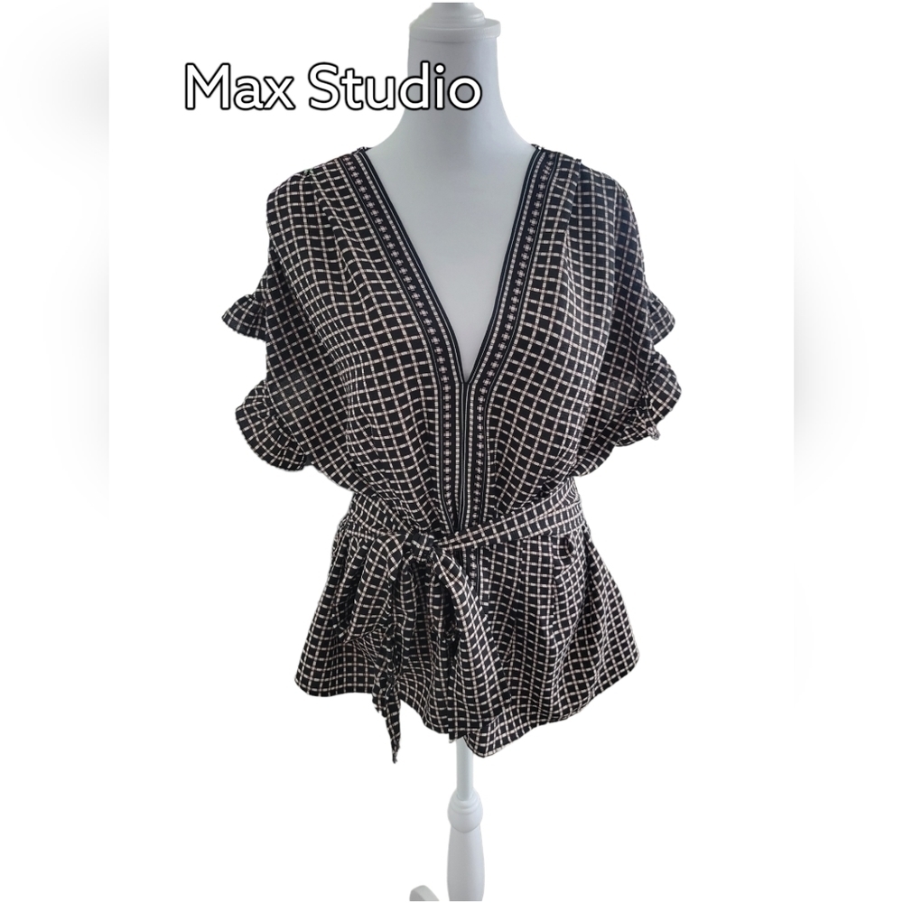 Copy - 𝅺MAX Studio V-Neck Peplum Blouse Tie Top with Ruffle Sleeves Size XL